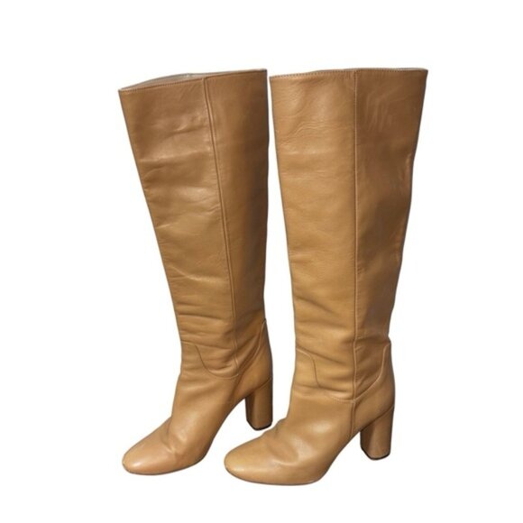 Zara Shoes - Zara Tan Camel Leather Knee-High Boots 3.5” Heel Size 7.5 Pull On Block Heel